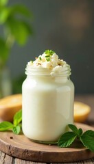 Glass bottle filled with organic natural cottage cheese, natural, cloudy