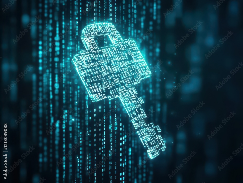 Poster A surreal image of floating binary code forming the shape of a key, glowing softly in a dark void