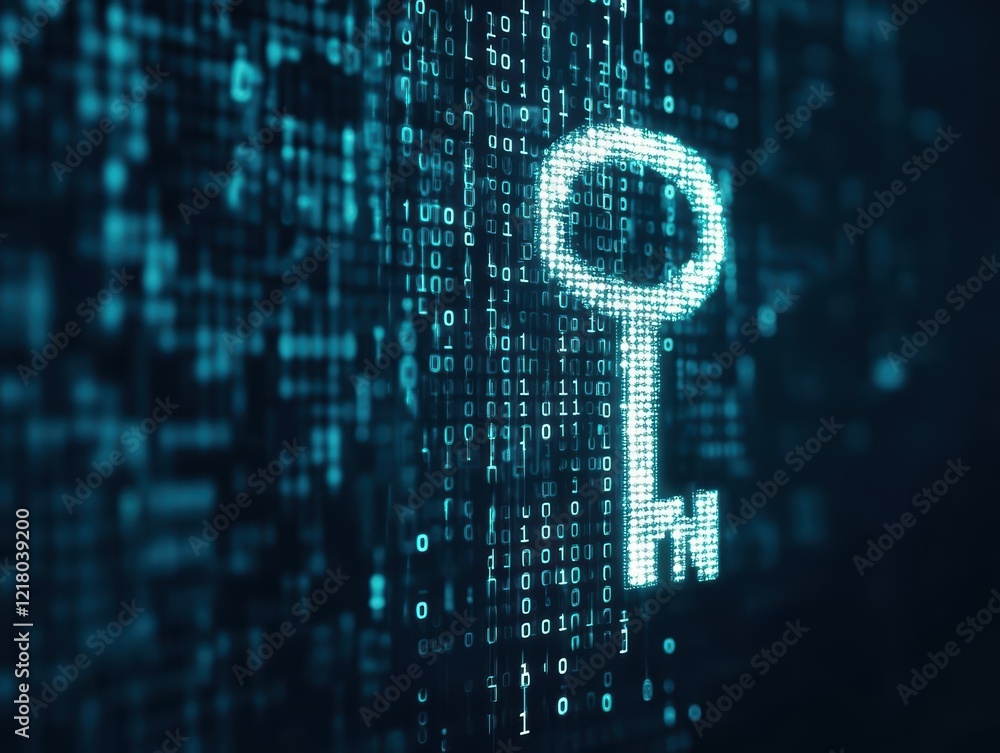 Poster A Mysterious Key Surrounded by Streams of Binary Code Symbolizing Digital Security and Unlocking Potential in the World of Technology and Innovation