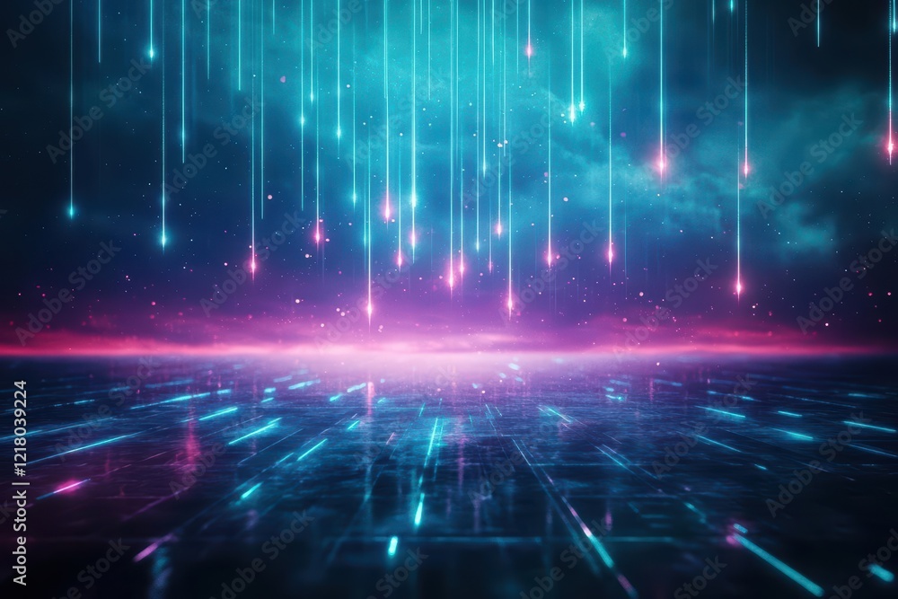 Poster Vibrant Neon Lights Shining Against Dark Background Creating a Futuristic Atmosphere with Intricate Patterns Evoking Energy and Modern Aesthetics