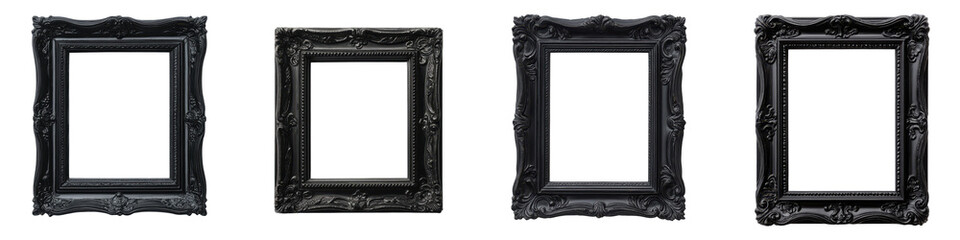 Elegant black ornate picture frames of different sizes hanging on the wall in a luxurious vintage interior  The frames have an ornamental decorative design with a classic refined style