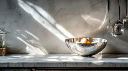 Eggs in a metal bowl on kitchen counter with sunlight.