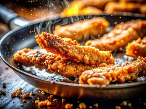 Tilt-Shift Fried Pork Brasso Style: Close-Up Pan-Frying Action Shot