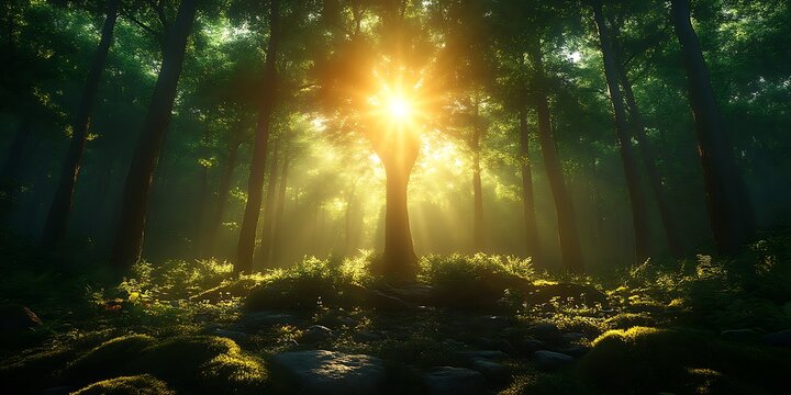 Sunbeams in a misty forest.