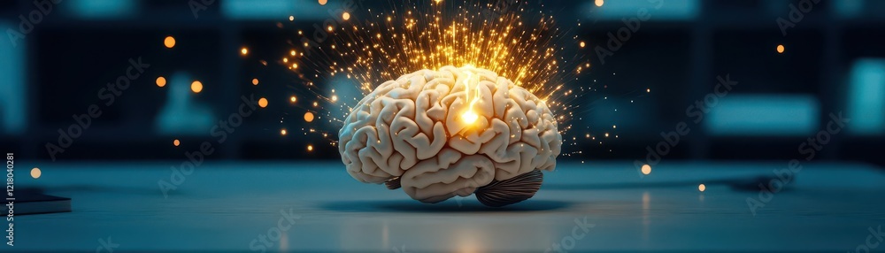 Poster a symbolic image of a brain unlocking with golden light pouring out, symbolizing breakthrough moment