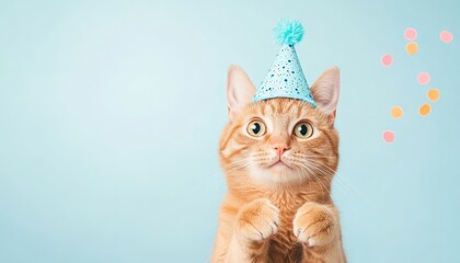 Playful orange cat wearing a blue party hat, celebrating with colorful confetti on a light background