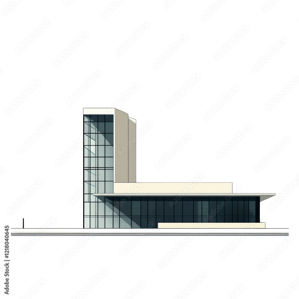 Poster a modern building design elevation showcasing a sleek glass and concrete structure with a minimalist
