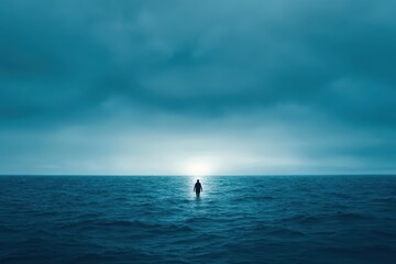 A Solitary Figure Standing Amidst the Vastness of the Ocean Embraced by Gentle Waves and a Brilliant Sky Evoking a Sense of Freedom and Wonder
