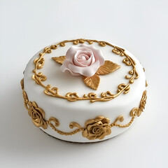 Naklejka premium Elegant round cake adorned with a delicate pink rose and gold detailing. Perfect for celebrations!