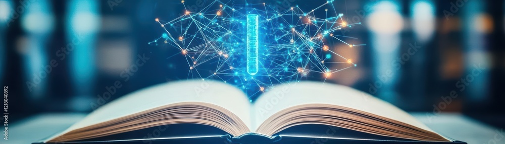 Poster an enigmatic open book radiating glowing light in a mystical environment evoking imagination knowled