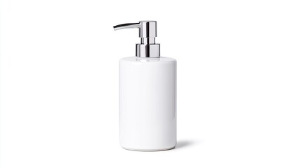 Obraz premium Minimalistic white soap dispenser on a clean surface, showcasing modern design with a blurred background