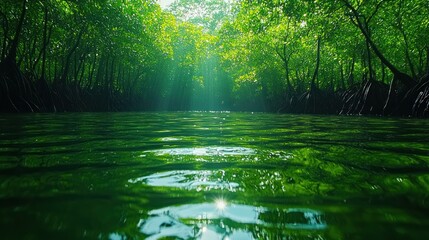 Sunlight piercing through a dense mangrove forest over water with reflections
