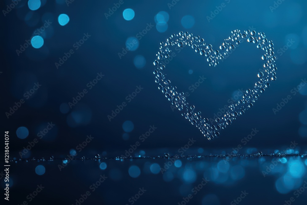 Poster a heart shaped formation of water droplets on a smooth surface reflecting light creating an intrigui