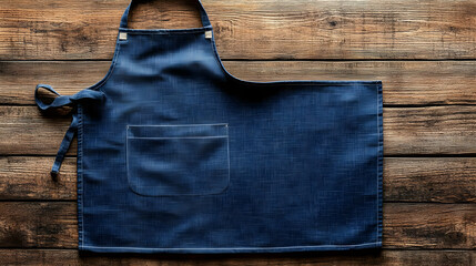 Dark Blue Denim Apron on Rustic Wooden Background