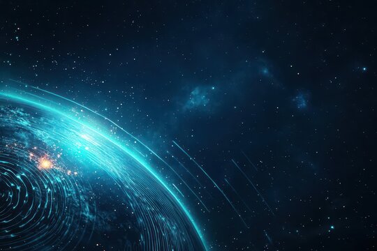 Fototapeta A symbolic image of the Earth emitting glowing soundwaves into the universe, cosmic and inspiring vibe
