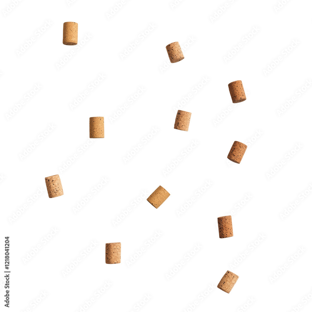 Poster multiple wine corks are falling against a solid transparent background.