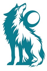 Fototapeta premium Teal wolf howling at crescent moon.