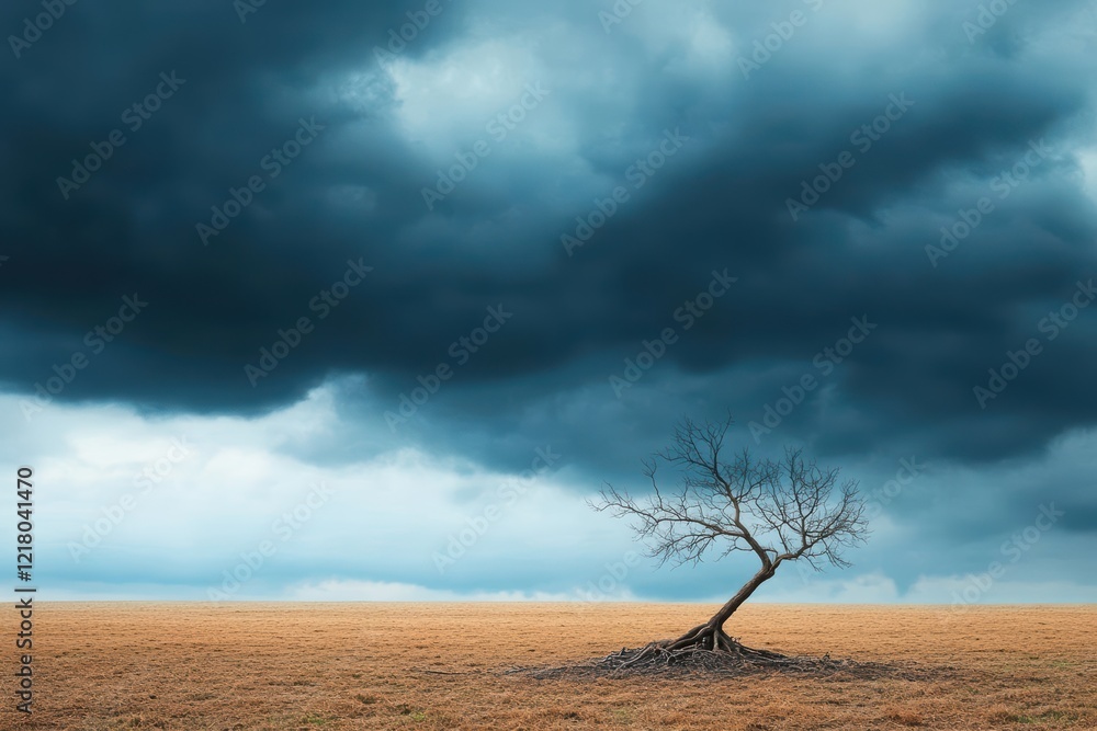 Poster A solitary tree stands resilient in a vast field beneath a dramatic stormy sky filled with dark clouds creating an intense and moody atmosphere