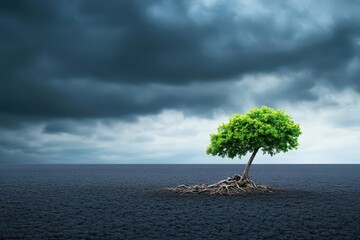 A symbolic representation of a tree collapsing in a barren field, surrounded by dark clouds, somber tone
