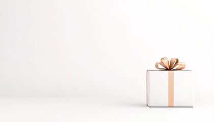 A beautifully wrapped gift box with a gold ribbon placed on a minimalist white background, ideal for celebrations