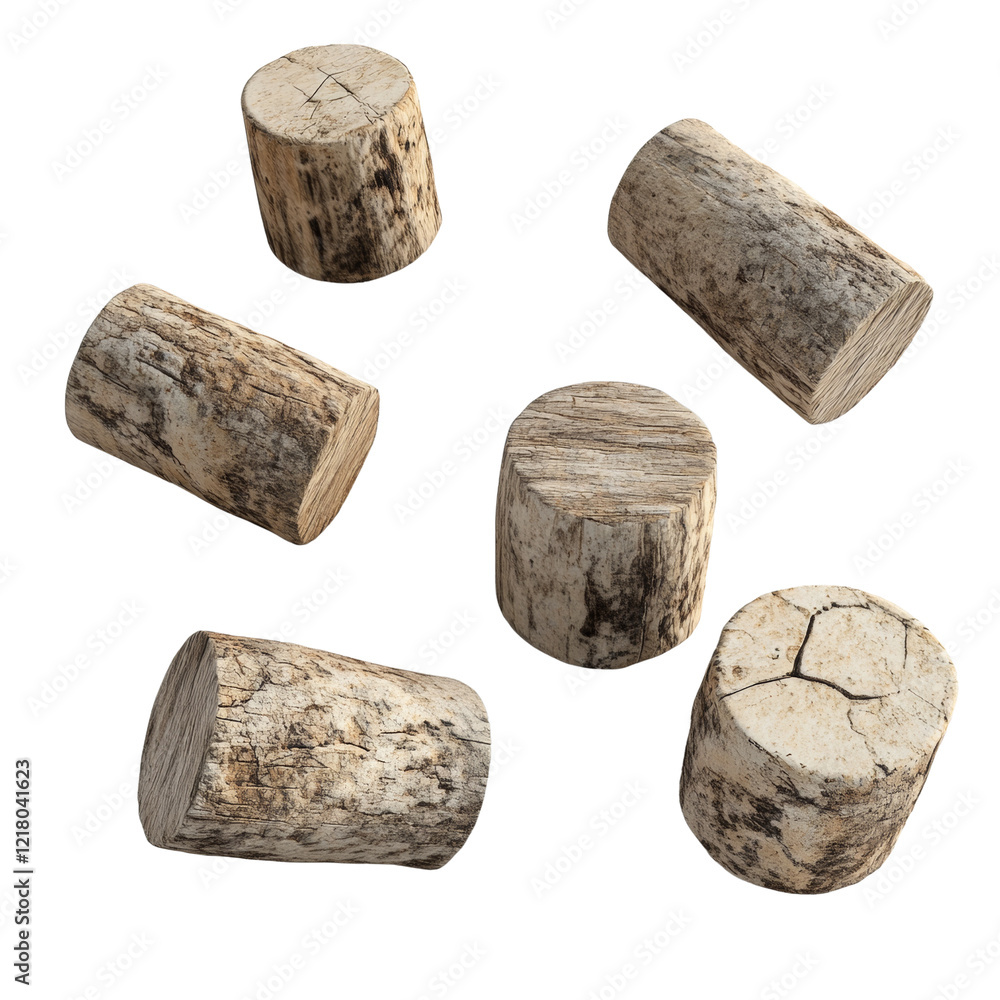 Leinwandbilder the image shows five cylindrical sections of a weathered tree trunk, seemingly floating against a tr