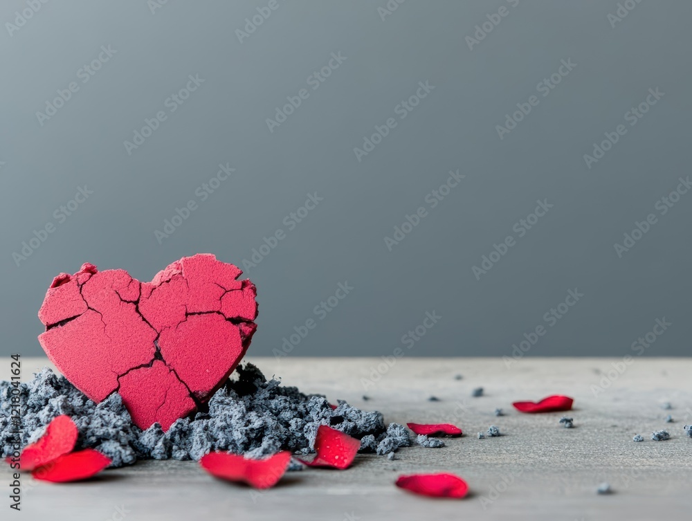 Poster Emotional Representation of a Broken Heart with a Vibrant Red Heart Symbolizing Love and Loss Creating a Poignant Visual Metaphor of Heartbreak