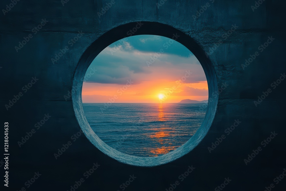Poster breathtaking view of ocean waves gently crashing against rocky shoreline framed by a bright and invi