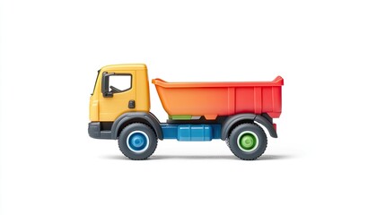 Colorful toy dump truck in profile view, set against a plain background, perfect for children's play and learning