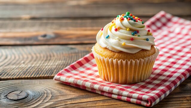 A single, fluffy vanilla cupcake with creamy white frosting and colorful sprinkles sits atop a rustic wooden table covered in a checkered cloth , sweet treats, table setting