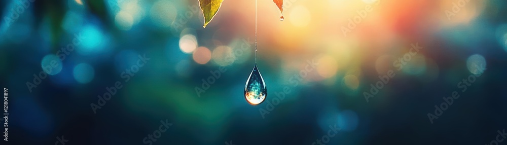 Poster a captivating water droplet suspended from a delicate tree branch reflecting natural light in a tran