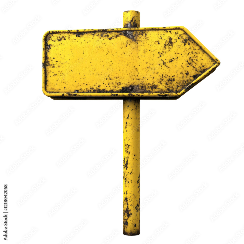 Poster A weathered yellow arrow sign mounted on a rusty pole points to the right against a black background.