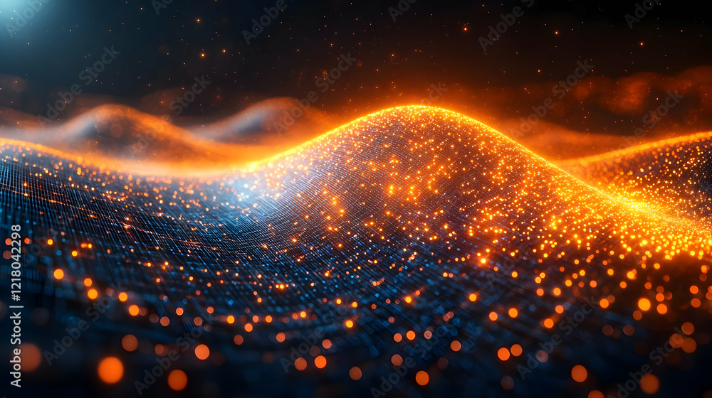 Poster abstract glowing particle waves in dark space: a dynamic digital art background