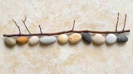 Smooth stones arranged on a branch against a neutral background