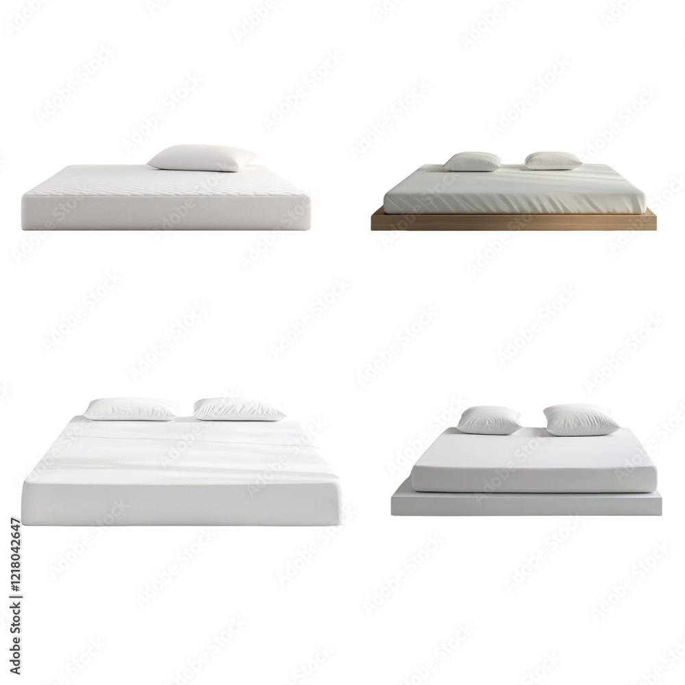 Poster the image showcases four different bed setups featuring various frame styles and mattress types all 