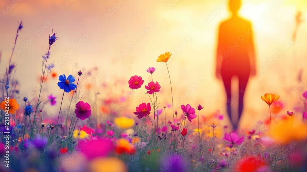 Aufkleber person standing in a vibrant field of colorful flowers under a bright blue sky evoking feelings of j