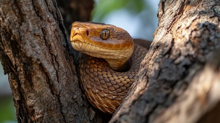 A Stunning Close-Up of a Brown Tree Snake Coiled Around a Tree Trunk