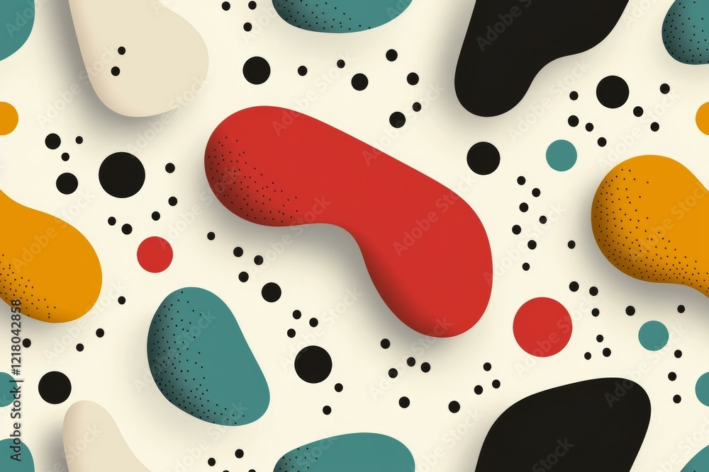 Poster colorful abstract painting of various shapes and sizes, including a red blob