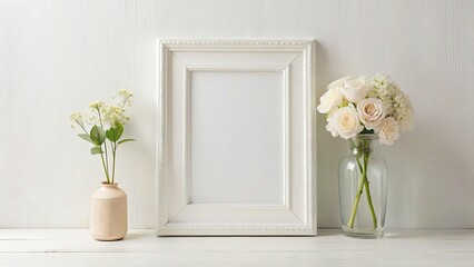 Vintage Frame Mockup: Minimalist White Interior, Floral Decor, Blank Portrait Artwork