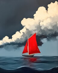 Red Boat on Water, Clouds, Vintage Landscape, Art Painting