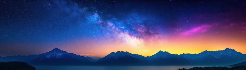 Naklejka premium A vibrant night sky filled with countless stars over a serene mountain range, cinematic wideangle view