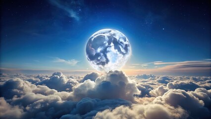 Obraz premium a dreamy full moon hangs low in the sky, casting an ethereal glow over a sea of fluffy white clouds, night sky, clouds