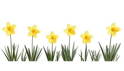 Vibrant yellow daffodils blooming in a row against a clean white background, symbolizing spring's arrival