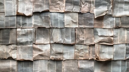 Wall of crumpled, aged newspaper pages forming a textured background.