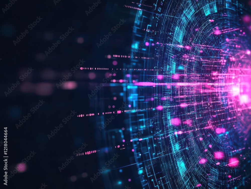 Poster Abstract artistic visualization of AI data processing, vibrant digital patterns, dark background