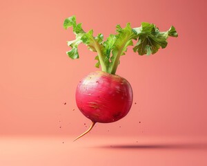 Fresh Red Radish with Green Leaves Floating on Pink Background
