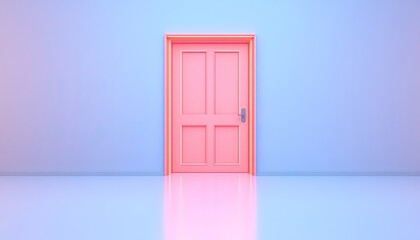A vibrant pink door stands alone in a pastel-hued room, reflecting a serene atmosphere