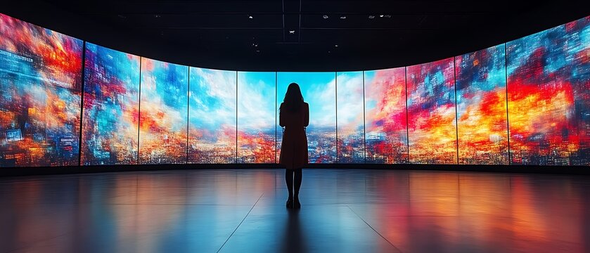 Woman viewing immersive art installation.