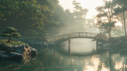 Fototapeta premium Serene sunrise over a wooden bridge in a misty forest garden.