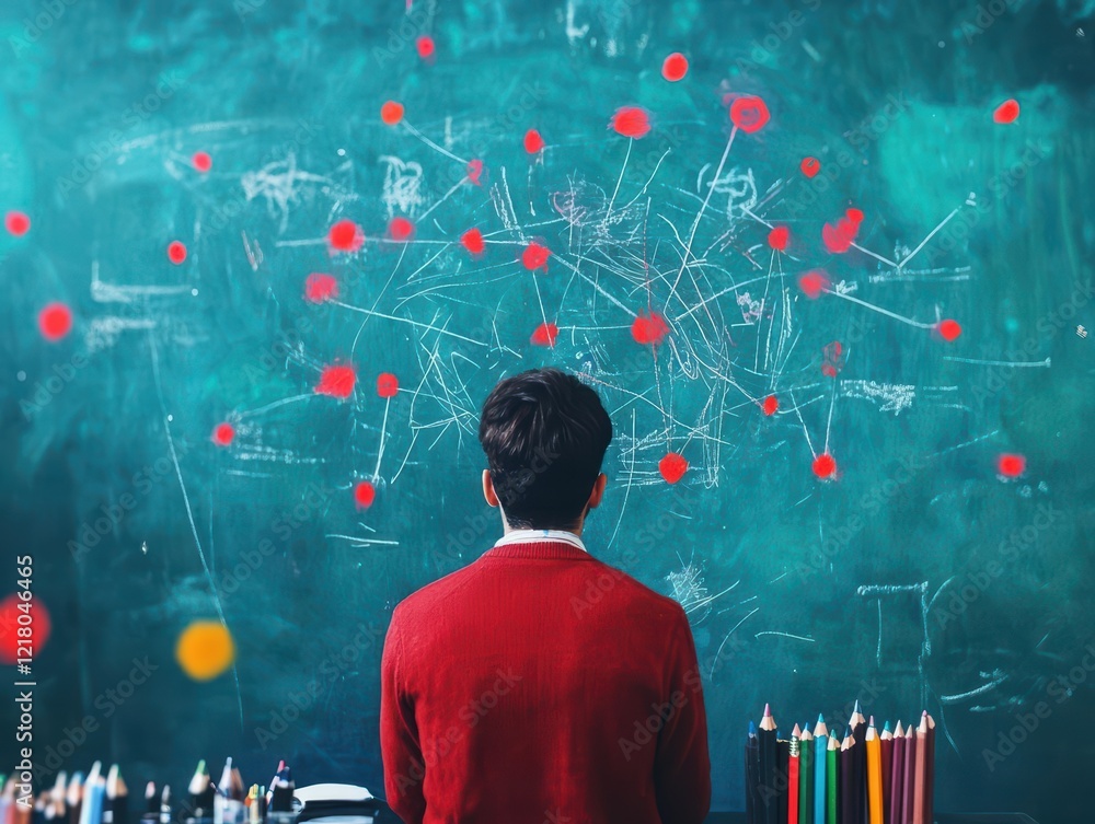 Poster a focused individual seated at a cluttered desk surrounded by educational materials with a chalkboar