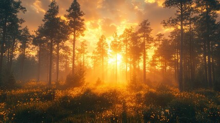 Serene sunset illuminating a tranquil forest with golden light filtering through the trees